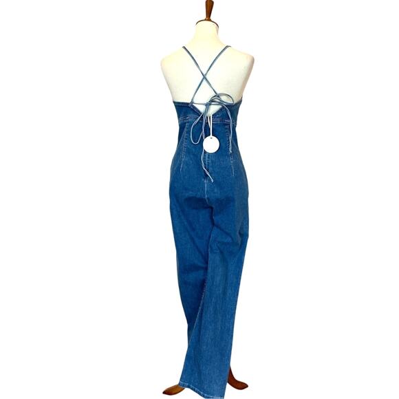 Revolve Jean Jumpsuit Flare Tie Back LARGE Jean Retro 70s More to Come $84 NEW - Picture 6 of 7